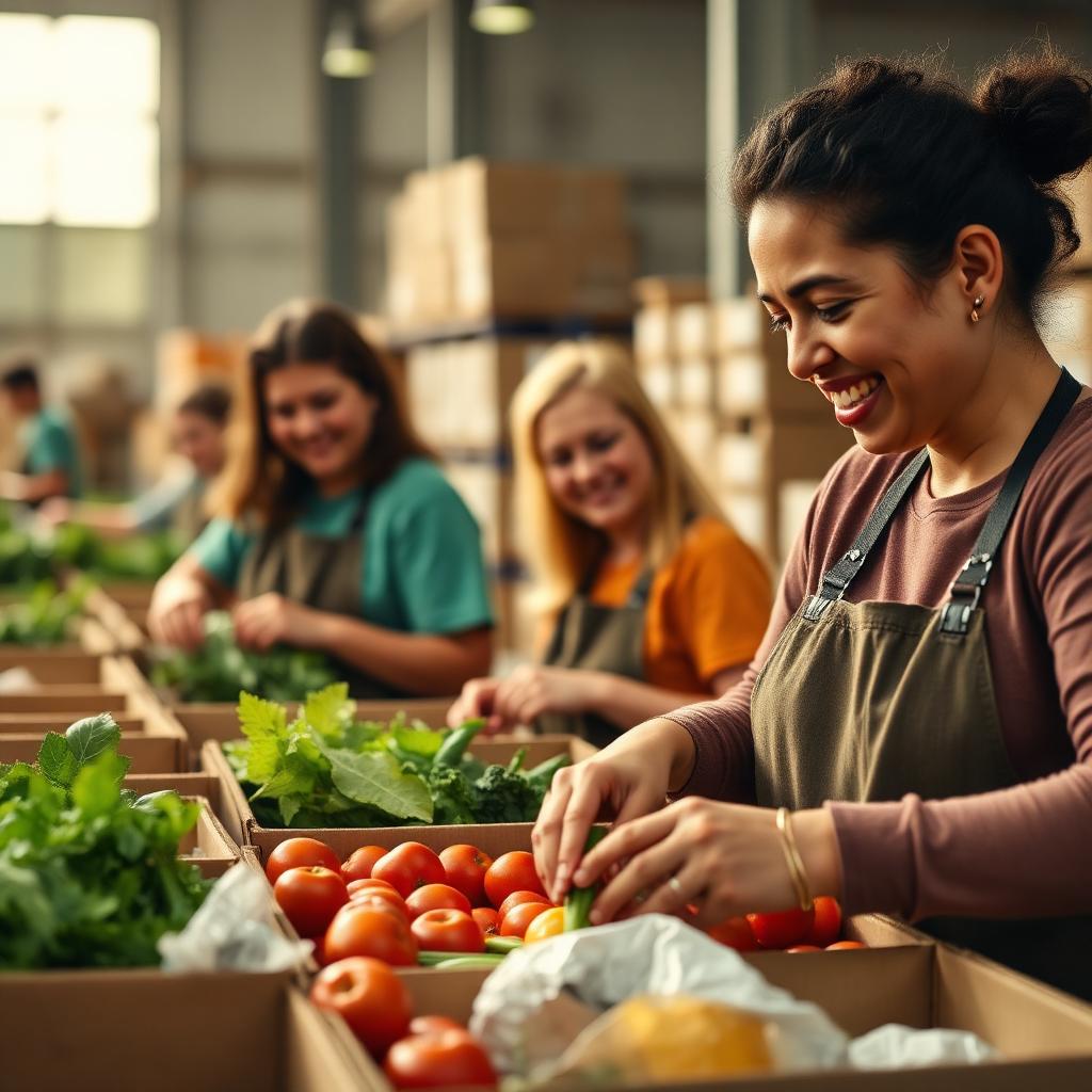 Volunteers packing meals at a food bank.